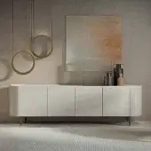 Distinguished Carpanelli Alfea sideboard with pale beige wood, subtle chevron pattern and hand-stitched leather detailing in a smooth matte finish