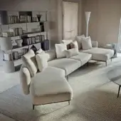 Exceptional Carpanelli Sirio sectional with textured neutral beige textile and finely stitched leather accents on a metal base