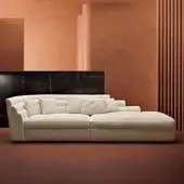 Architectural Carpanelli Theater sectional upholstered in light beige bouclé textile with a durable wooden frame and polyurethane padding