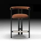 Distinguished Black Tie Kumiko stool with reddish-brown upholstery and matte dark wood built with kumiko joinery