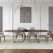 Distinguished Capital Convivio table crafted with a satin finish wood tabletop and muted gold curved metal base