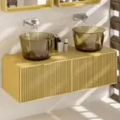Distinguished Norah Design ARBA 01 washbasin crafted from Norahcrystal and resin with a satin yellow wood cabinet and ribbed detailing