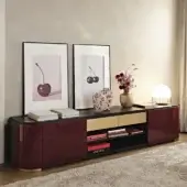 Distinguished Black Tie Kota TV stand with reddish-brown wood and black surface exhibiting a glossy textured finish