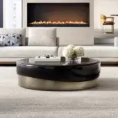 Distinguished Capital Merian coffee table crafted with a metallic base and fluid lacquered surface in a deep glossy tone
