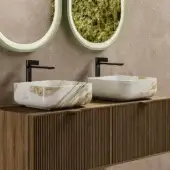 Architectural Norah Design CUBA 04 washbasin crafted in white Norahmarble with golden-brown veining and glossy finish