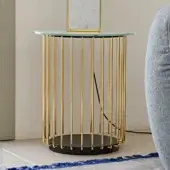 Elegant Black Tie Etan side table with black lacquered MDF base and clear back-lacquered glass top crafted with gold-finished metal