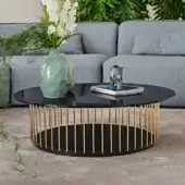 Architectural Black Tie Etan coffee table with back-lacquered glass tabletop and gold-toned metal rods enclosing black lacquered MDF
