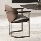 Distinguished Capital Flora armchair upholstered in muted brown textile with tubular leather armrests and galvanic-finished aluminum structure