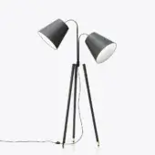 Superior Black Tie Bell floor lamp with a solid ash wood tripod base and gray and blue patterned fabric shades in matte black metal
