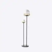 Captivating Black Tie Lucy floor lamp with luminous spheres crafted in matte black metal and opaque white shades with gold accents