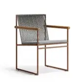 Exceptional Atmosphera Pipe armchair with terracotta epoxy-coated steel, gray and white striped acrylic cords, and natural teak armrests