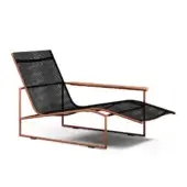Elegant Atmosphera Pipe chaise lounge with reddish-brown epoxy-coated tubular steel and contoured textilene seat built with a solid teak armrest