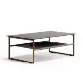 Superior Atmosphera Pipe coffee table with terracotta steel framing and a dark stoneware gres tabletop built with a woven grey rope undertop