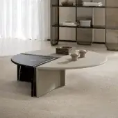 Distinctive Capital Helena coffee table with wedge-shaped marble insert and smooth lacquered light beige stone tabletop