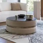 Distinctive Capital Cookie Coffee Table with dark-toned wood and light beige fabric upholstery in a glossy finish