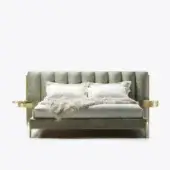 Distinguished Black Tie Ibisco bed with poplar wood and sage green textile upholstery, built with gold-toned metal accents and back-lacquered glass tops