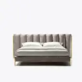 Exceptional Black Tie Ibisco bed crafted with poplar wood and textured taupe textile, boasting slender legs with polished gold finish
