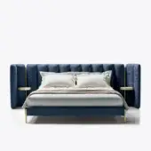 Distinguished Black Tie Ibisco bed upholstered in deep blue textile with integrated bedside tables and slender brass-toned metal supports