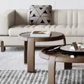 Distinguished Capital Omega side table with round marble tabletop and warm brown satin-sheen wooden base crafted with metallic details