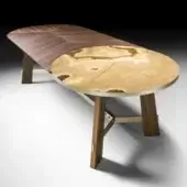 Distinguished Black Tie Opera table with brown wood, polished amber and cream stone inlay, plus gold-toned metal base