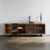 Distinguished Capital Aurelia sideboard crafted in wood essence with bronzed glass doors and dark vertically-grained marble legs with a satin finish