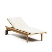 Elegant Atmosphera Panama lounger built with durable teak and light beige textured woven fabric for refined comfort