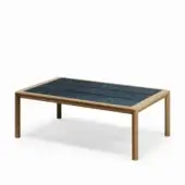 Exceptional Atmosphera Panama coffee table with a solid teak frame and durable ceramicized lava stone tabletop in dark blue-grey