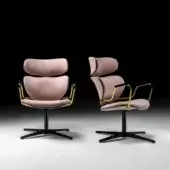 Superior Black Tie Asia swivel lounge chair upholstered in muted rose textile with a sleek golden metal frame and dark metal base