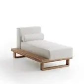 Refined Atmosphera 9.Zero chaise lounge built in solid Asian Teak with light beige textured outdoor fabric and subtle herringbone bolster pillow