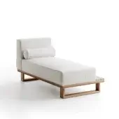 Exceptional Atmosphera 9.Zero chaise lounge built with solid Asian Teak and light beige textured fabric, showcasing a smooth satin finish