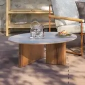 Distinctive Atmosphera Materia coffee table crafted with Asian teak and glossy glazed lava stone offering a minimalist form with intersecting base
