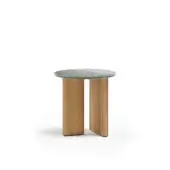 Distinguished Atmosphera Materia side table crafted with solid Asian Teak and glossy glazed lava stone tabletop in greenish-blue hues