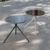 Superior Atmosphera Trio table with white aluminum base and durable HPL tabletop in a warm wood grain with matte finish
