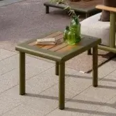 Sophisticated Atmosphera Bliss side table with aluminum frame in Olive Green and natural teak tabletop