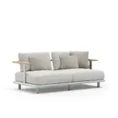Elegant Atmosphera Bliss sofa with textured light neutral gray textile and natural teak armrest in Gesso finish