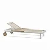 Distinguished Atmosphera Bliss lounger with sleek aluminum, light beige textilene and natural teak armrests in Gesso finish