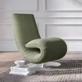 Elegant Tonin Casa Ricciolo lounge chair to chaise in muted olive green Orchidea elastic fabric with polished metal base