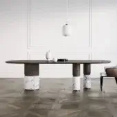 Harmonious Capital Loīc table with shaped tabletop in lacquered wood and sculptural marble base displaying glossy finish