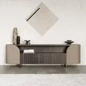 Captivating Capital Duna sideboard crafted in dark brown wood veneer with ribbed front and luminous gold-toned metal legs, plus bronzed glass shelves