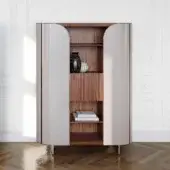 Distinguished Capital Duna cupboard with curved silhouette and bronzed glass shelving crafted in neutral lacquered cannette finish