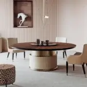 Superior Capital Rock table with satin-finish wood, light beige upholstery and polished gold-toned metallic bands creating a balanced silhouette