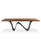 Exceptional Riva 1920 Bree e Onda table with warm brown wood grain and dark sculpted legs in satin finish