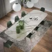 Distinguished Tonin Casa Arco Maxi table with spacious printed glass in Crystal Calacatta finish and light-wood covered sculptural arches
