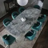 Elegant Tonin Casa Sipario Ext table with gray and bluish-gray ceramic and striking white veining in a polished glossy finish