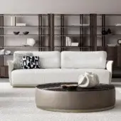 Refined Capital Mon Allure sofa with neutral beige textile and sleek metal-finished plinth base exhibiting a subtly textured matte finish