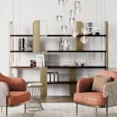 Exceptional Capital Giselle bookcase with warm wooden shelves and gold-toned metal in a matt and contemporary finish