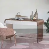 Elegant Capital Adam desk with sculpted wood top in medium brown and glossy polyester finish with bronzed glass legs