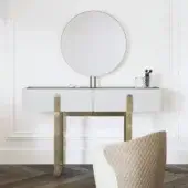 Distinctive Capital Eden vanity with lacquered structure and warm wooden top in glossy white with brass-toned steel legs and drawer accents