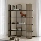 Elegant Capital Giselle Plus bookcase with rounded matte metal frame and warmer toned marble shelves built with bronzed fluted glass panels