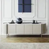 Superior Capital Karin sideboard with a neutral beige wood structure and striking marble tabletop with polished silver tone legs